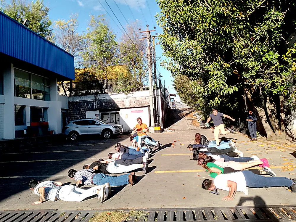 Dinámica grupal al aire libre en las instalaciones de la empresa